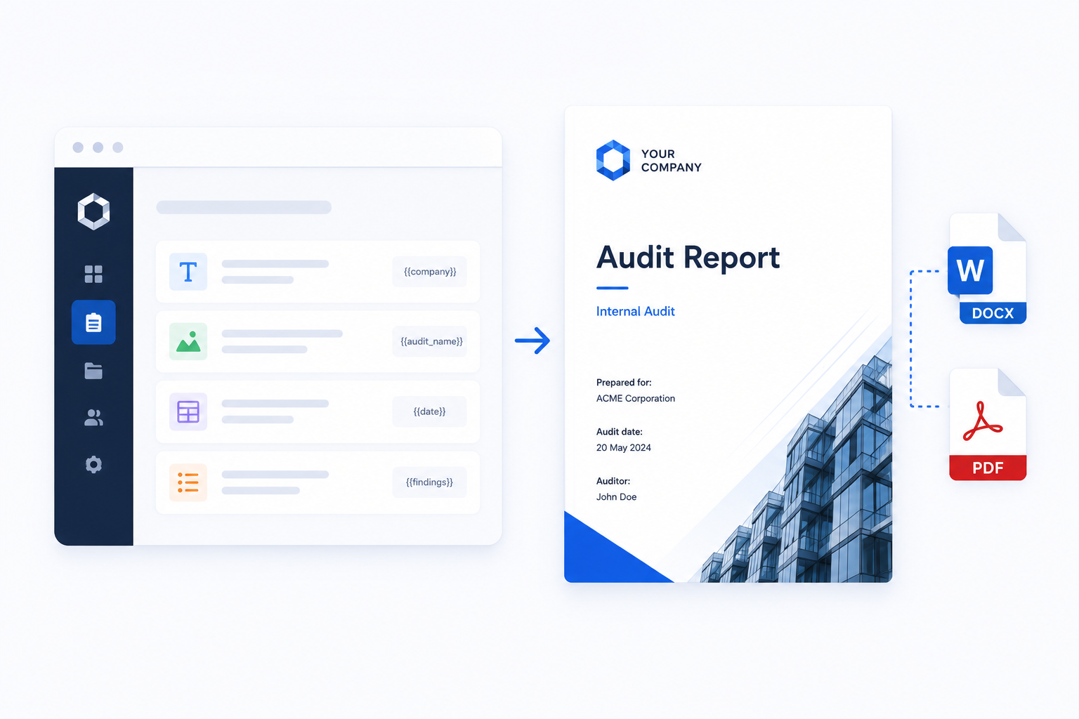Template-driven audit report generation with DOCX and PDF export